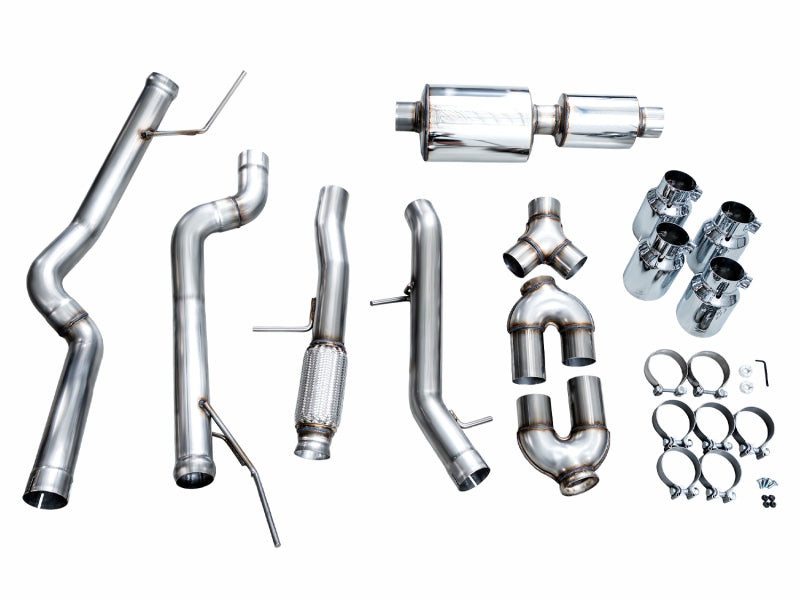 AWE Tuning 2021+ GMC Tahoe/Yukon 5.3L 0FG Split Rear Exit Catback Exhaust - Quad Chrome Silver Tips - 3015-42006