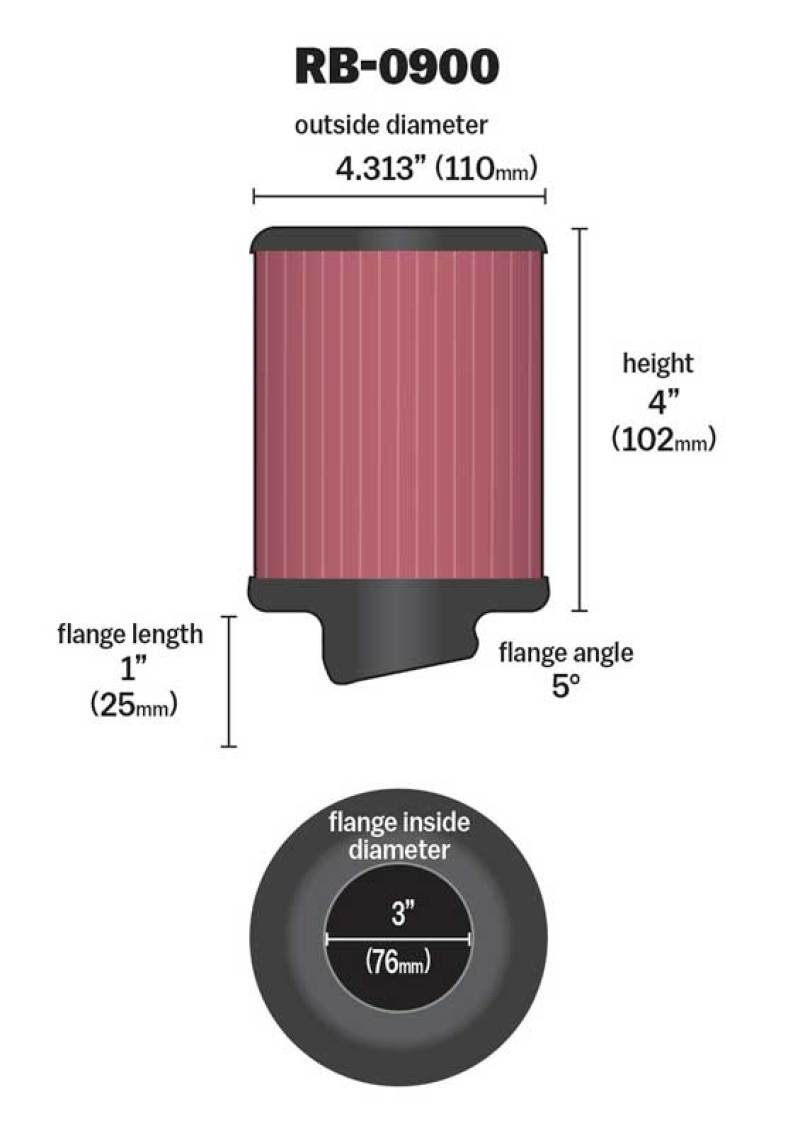 K&N Universal Rubber Filter 3 inch 5 Degree FLG 4 1/2 inch OD 4 inch Height - RB-0900