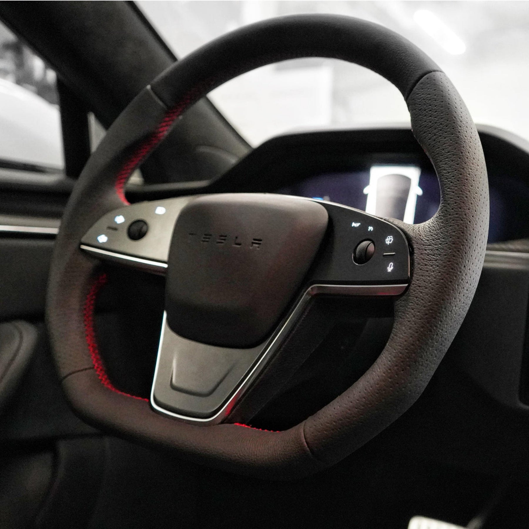 TESERY Touch Horn Plaid Round Steering Wheel Replacement for Tesla Model S / X 2021-2023