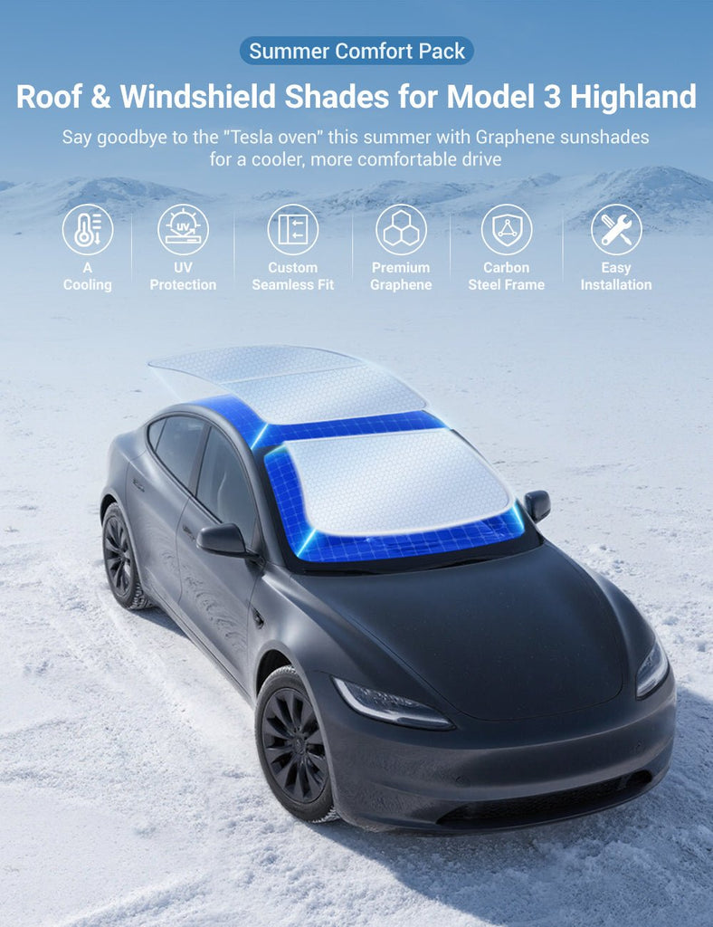 Summer Comfort Pack: Roof & Windshield Shades for Model 3 Highland