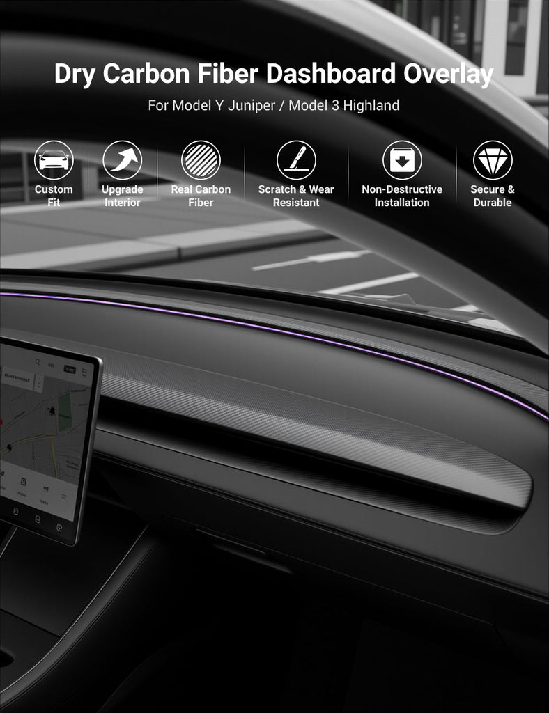 TESERY Real Dry Carbon Fiber Dashboard Cover Overlay for Model 3 Highland / Model Y Juniper