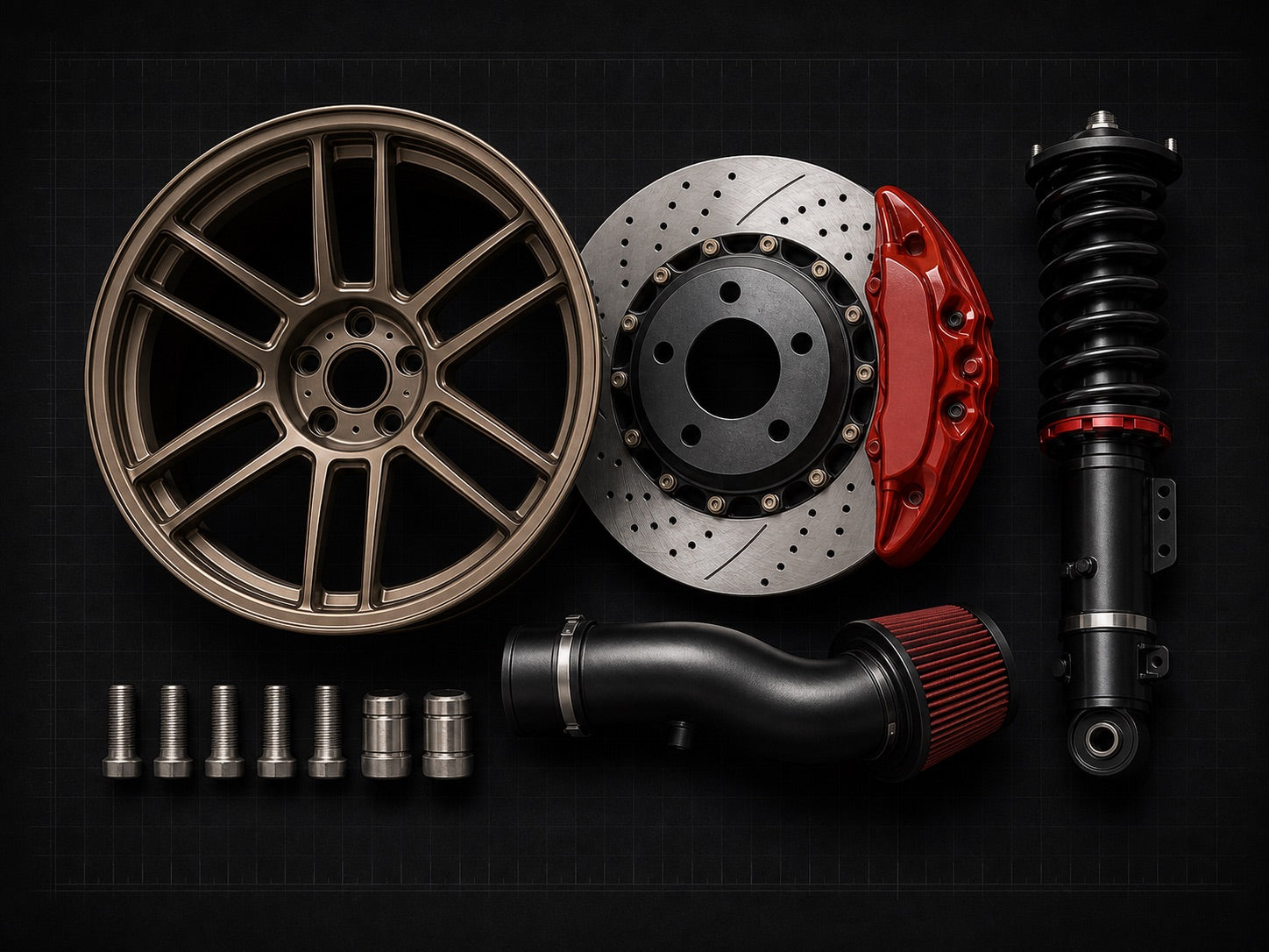 Performance parts arranged on a technical project board